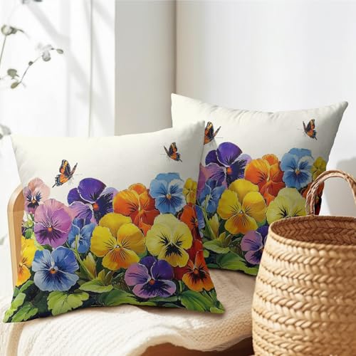 Spring Decorative Pillow Covers, 18x18 Inch Set of 2 - Pansy & Butterfly