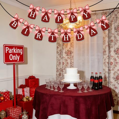 Burgundy Happy Birthday Banner - Retro Cola Can Design with Bow