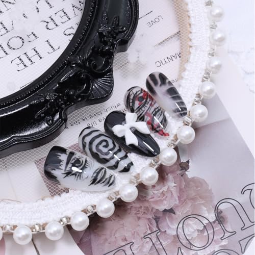 Gothic Press On Nails Medium Almond Y2K False Nails with Bow Design