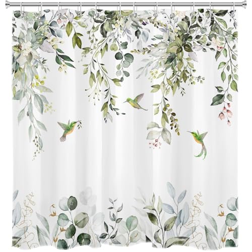 Sage Green Eucalyptus Shower Curtain - 72x72 Inch Floral Hummingbird Print