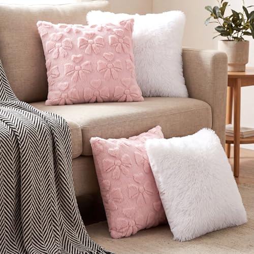 Mixweer 4-Pack Pink Bow & Plush Pillow Covers 18x18