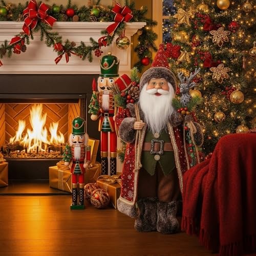 18-Inch Santa Claus Figurine with Deer-Head Cane and Sack for Christmas Home Decor