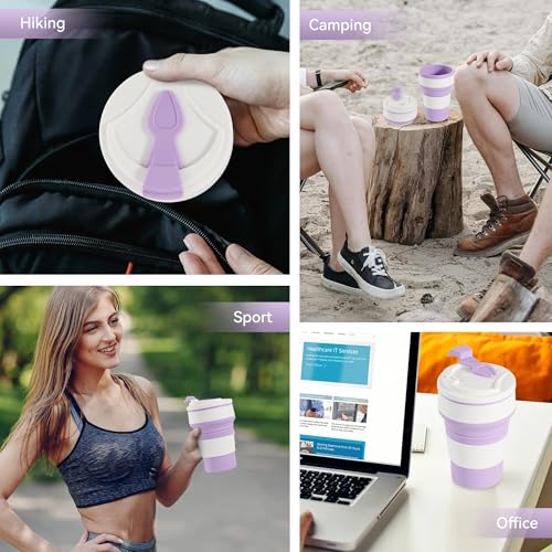 12oz Collapsible Cup for Traveling, Collapsible Silicone Travel Cup for Hot and Cold Drinks, Leak Proof Silicone Folding Travel Coffee Mug for Camping & Hiking, BPA Free Purple