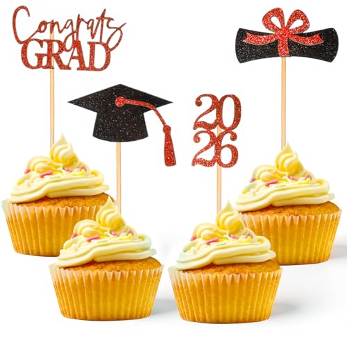 36 Pcs 2026 Graduation Cupcake Toppers Glitter Red And Black Party Picks