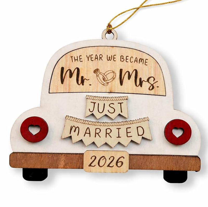 2026 First Christmas Married Ornament - Rustic Laser-Engraved Wedding Gift