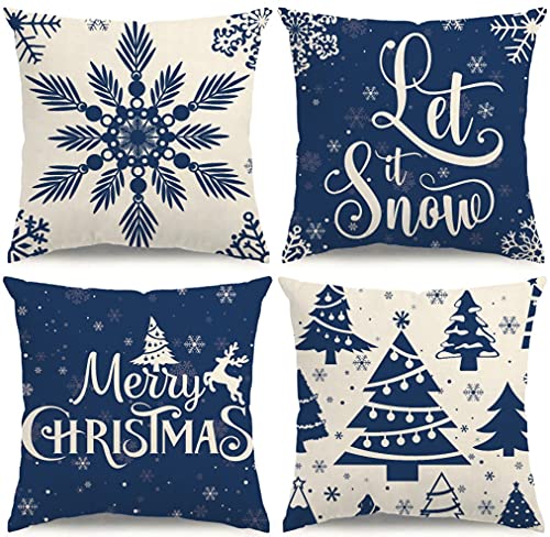 KISVODS Blue Christmas Pillow Covers 18x18, Set of 4 Winter Throw Cushions