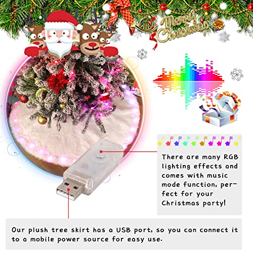 30 Inch Faux Fur Christmas Tree Skirt with LED Lights White Snow Plush Xmas Decor - Variation: White With Light / 30In