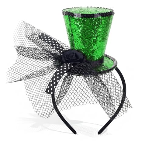 St. Patrick’s Day Green Sequin Mini Top Hat Headband with Tulle & Rose