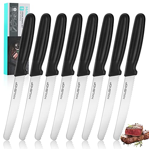 HAUSHOF 8-Piece Serrated Steak Knife Set with Gift Box - Black