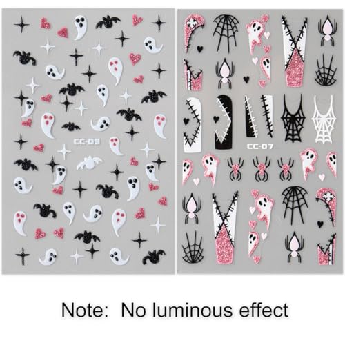 Halloween Luminous Nail Stickers 3D Glow in the Dark Ghost Spider Decals 8 Sheets