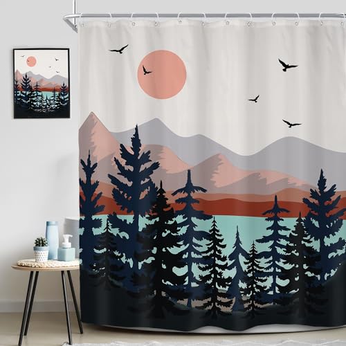 Abstract Mountain Shower Curtain, Boho Mid Century Modern Bath Decor 60x72