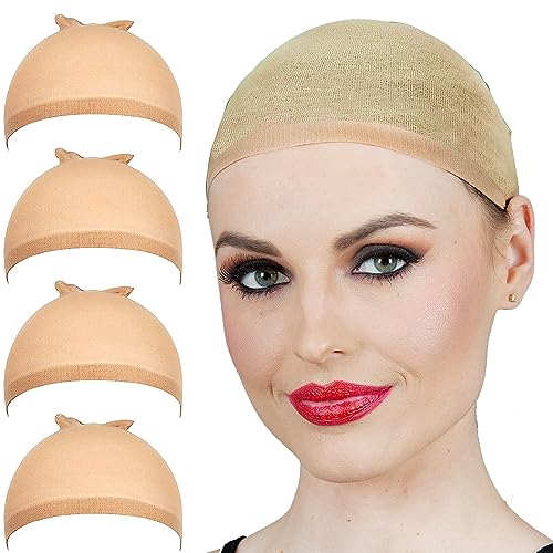 ALLAURA Nylon Wig Caps 4-Pack - Stretchy Nude Stocking Liner Caps