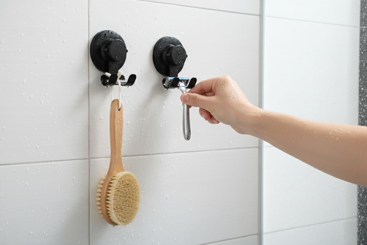 Suction Cup Hooks Razor Holder Powerful Vacuum Organizer for Towel, Razor, Coat, Bathrobe and Loofah 304 Stainless Steel Removable Hooks for Bathroom & Kitchen, Towel Hanger Storage (Black)