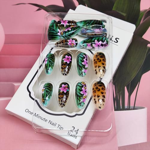 Green Tropical Floral Press on Nails Medium Almond Reusable Set