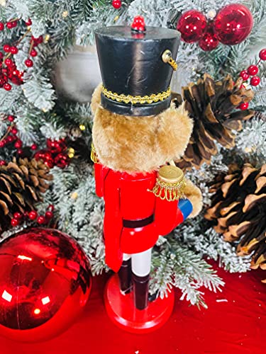 14-Inch Handcrafted Wooden Nutcracker Doll - Teddy Bear Drummer