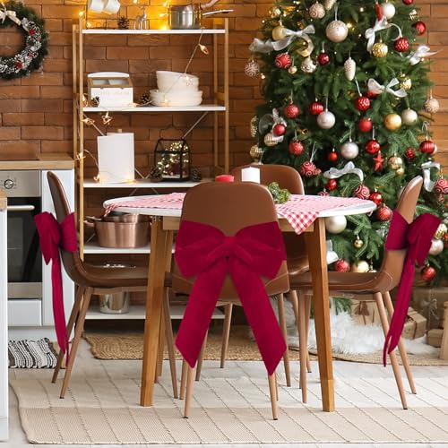 Christmas Velvet Chair Sashes - Red Bow Set of 8 - 15.7x23.6 Inches with Elastic Bands - Holiday Party Decor