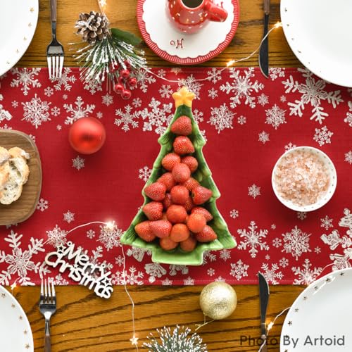 Snowflake Winter Table Runner 13x72 Inch Home Decor Party Tablecloth - Red