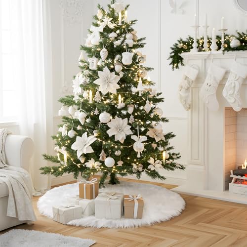 White Faux Fur Christmas Tree Skirt 48 Inch Plush Snow White Holiday Decor