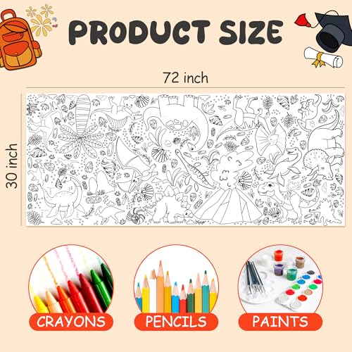 Dinosaur Giant Coloring Poster Tablecloth for Kids - 72" x 30"