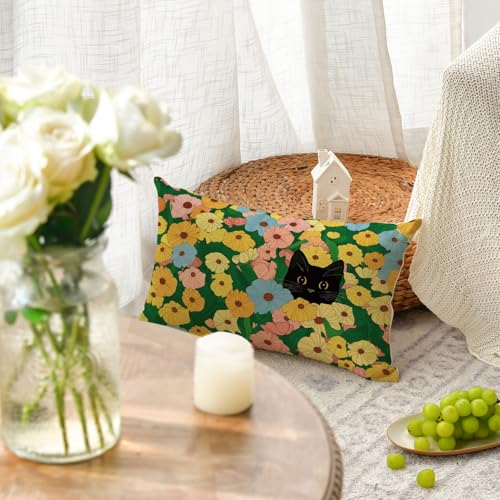 Spring Floral Black Cat Throw Pillow Cover - 12x20 Inch Polyester Cushion