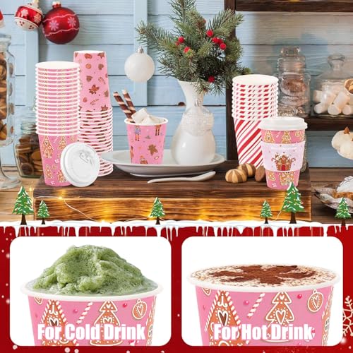 Pink Christmas Paper Cups with Lids & Sleeves - 16oz Holiday Party Drinkware