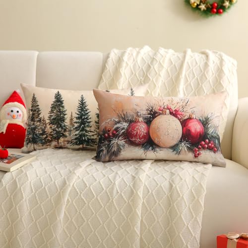 Christmas Lumbar Pillow Covers 12x20 Inch, Set of 2 Winter Holiday Decor
