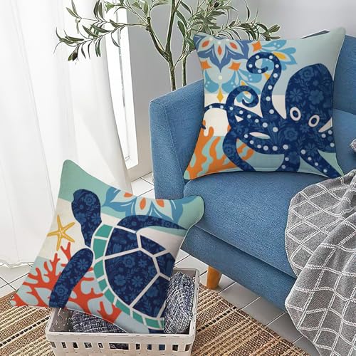 Fahrendom Under The Sea Throw Pillow Covers, 18x18 Marine Life, Set of 4
