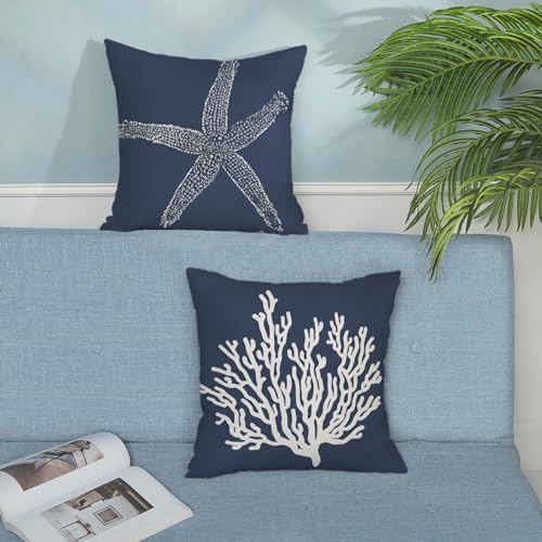 Navy Blue Starfish Coral Pillow Covers 20x20 Inch (Pack of 2) - Summer Decor