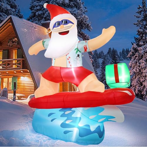 Gardentime 6.5FT Inflatable Santa Surfing Christmas Holiday Yard Decor with LED Lights