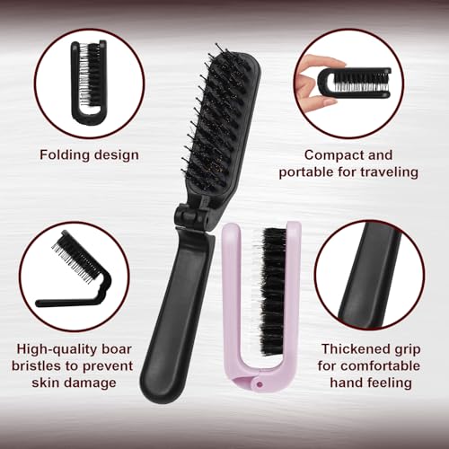 Qjaiune 2-Pack Foldable Boar Bristle Hair Brush - Compact Anti-Static Travel Hairbrush for Purse and Gym