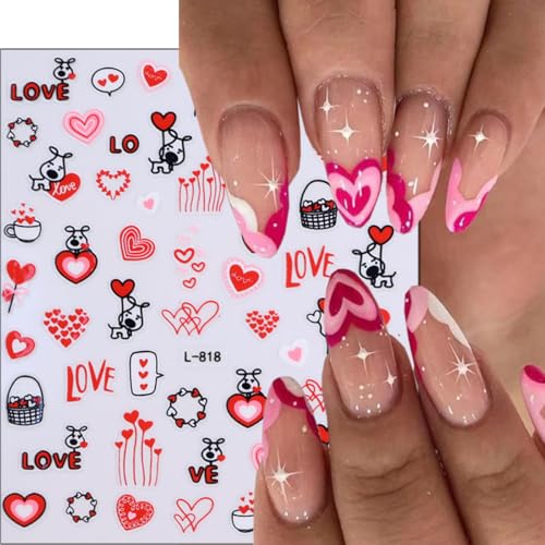 GUAACCB 6 Sheets Valentines Nail Stickers 3D Love Heart Red Lips Bow Decals