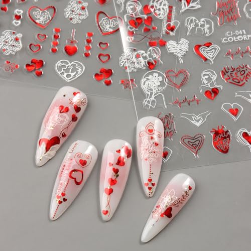 Valentine Heart Nail Stickers 3D Self Adhesive Red Heart Decals 6 Sheets