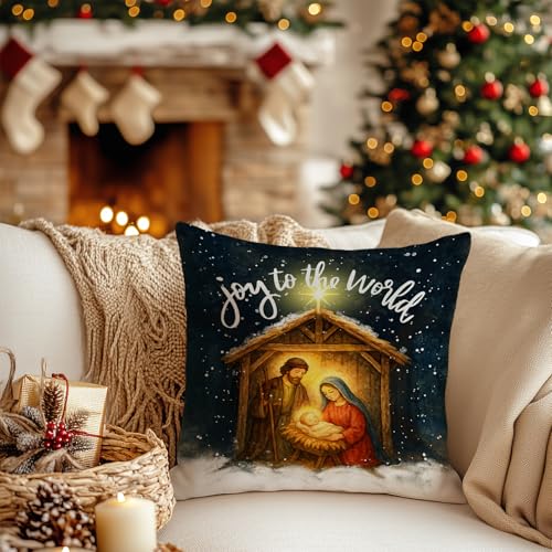 AACORS 18x18 Inch Christmas Pillow Cover Joy to The World Jesus Holiday Farmhouse Decor