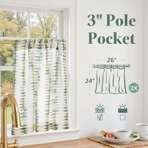 jinchan Sage Green Tribal Linen Kitchen Tier Curtains, 26x24 Inch 2 Panels