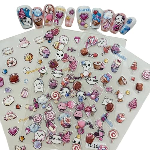5D Embossed Dessert Cake Ice Cream Nail Stickers - 3 Sheets
