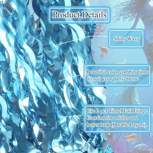 Blue Wavy Tinsel Fringe Table Skirts - 2 Pack, 108 x 29.5 Inches