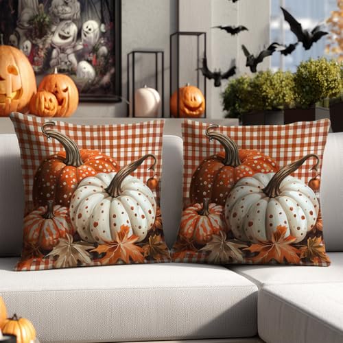 HOMETITUTE Fall Pumpkin Plaid Throw Pillow Covers 18x18 Inch - Set of 2, Autumn Thanksgiving Decor, Variation #04