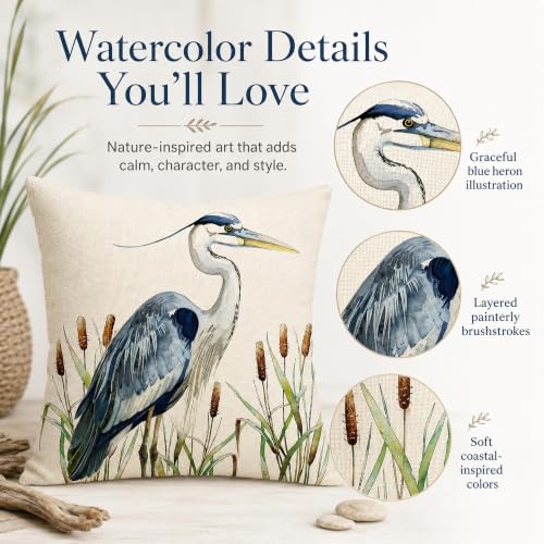 Watercolor Heron Throw Pillow Cover 18" x 18" - Blue Heron Design