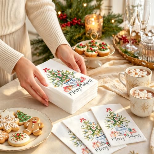 FYSUIMU Christmas Guest Napkins 50 Pack - Merry Mahjong Holiday Paper Towels