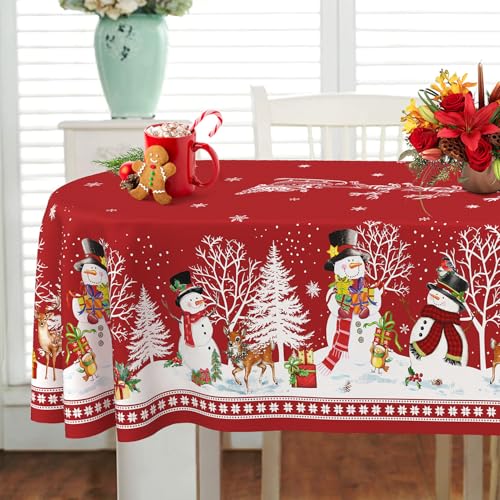 Oval Christmas Tablecloth 60 x 102In Red Snowman Santa Tree Waterproof Holiday Decor