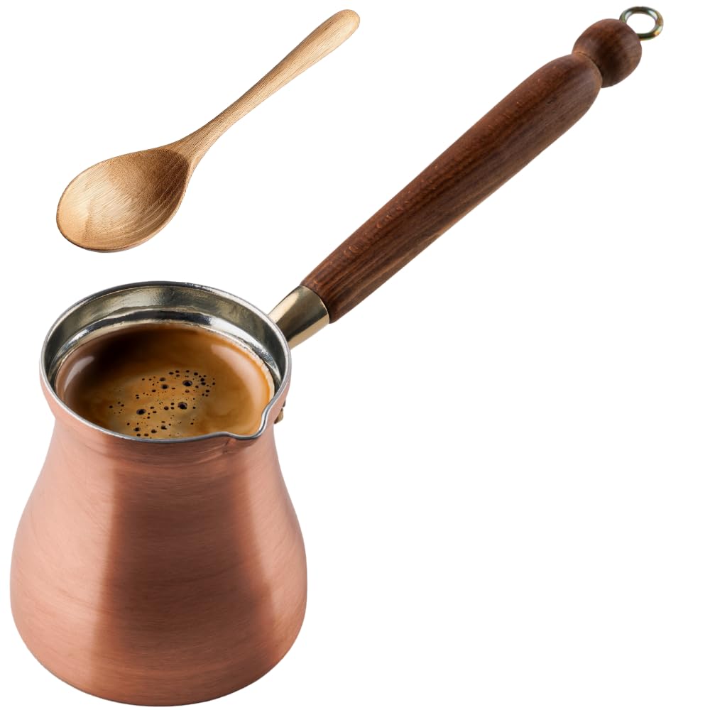 DEMMEX Turkish Coffee Pot – 1mm Thick Brushed Copper Cezve, Ibrik, Briki, Stovetop Greek Arabic Coffee Server, 100% Handmade in Turkey, 15 fl oz, Serves 6