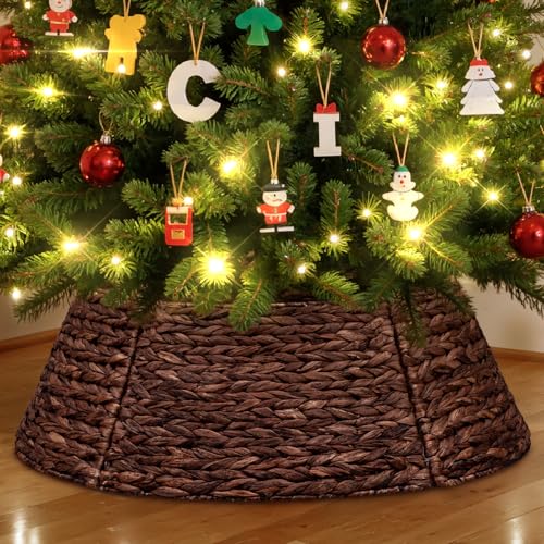Lanpn 28 Inch Rattan Christmas Tree Collar - Brown Woven Wicker Tree Skirt for Small Artificial Trees