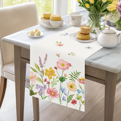 Floral Table Runner 13x72 Inch - Pink Blue Butterflies for Spring