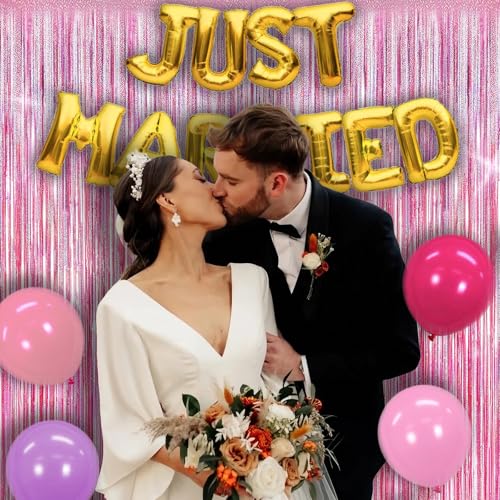 SIOMEIRY 5 Pack Glitter Pink Tinsel Fringe Curtains for Parties & Photo Booths, 3.28ft x 6.56ft