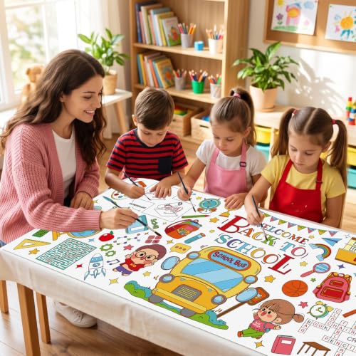 Colorful Back to School Coloring Tablecloth 72x30 inches for Kids Crafts & Activities - Linsuminn