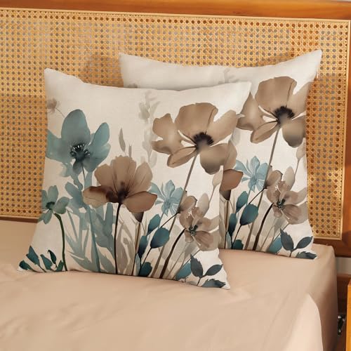 Floral Pillow Covers Set of 2, 16x16 Inch Linen - Blue Brown