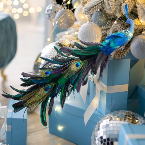 Peacock Christmas Tree Ornaments 4 Pack Long Feather Bird Decorations Glitter Clip-Ons