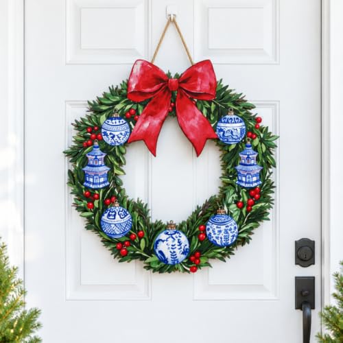 Chinoiserie Bead Christmas Wreath Door Hanger - Blue & White Wooden Sign - 11.8 Inches