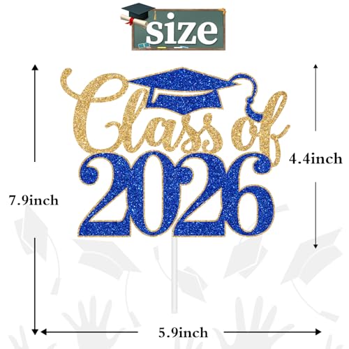 Class of 2026 Graduation Cake Topper - Gold & Blue Glitter