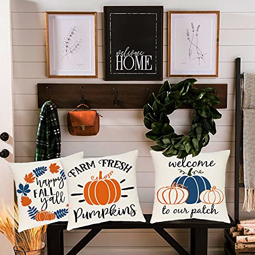 Ueerdand Fall Throw Pillow Covers, 18x18 Inch Farmhouse Pumpkin Case, Set of 4